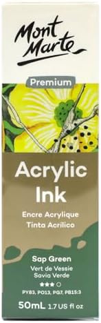 Mont Marte Acrylic Ink Premium 50ml - Sap Green, Acrylic Inks for Artists, Fluoro Colors, Ideal for Air Brush, Pouring Art, Scrapbooking, Ink Drawing, Mixed Media