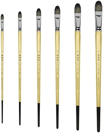 XDT#6386 Filbert Artist Paint Brush 6 Piece Set Medium Stiff Black Hog Bristle Extra Long Handle #2#4#6#8#10#12, Acrylic Oil Watercolor