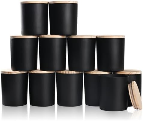 SHOWIN Thick Candle Jars for Making Candles 12 Pcs, 10 OZ Empty Jars with Wood Lids for Candle Making, Sample Container, Matte Black