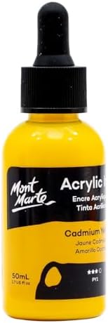 Mont Marte Acrylic Ink Premium 50ml - Cadmium Yellow, Acrylic Inks for Artists, Fluoro Colors, Ideal for Air Brush, Pouring Art, Scrapbooking, Ink Drawing, Mixed Media