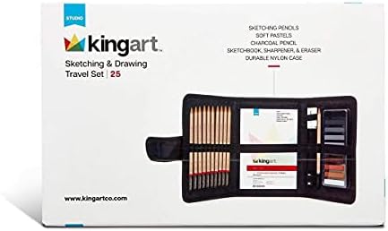 KINGART DRAWING & SKETCHING 25 pc. TRAVEL SET, Graphite, and Charcoal Pencils & Pastels plus Supplies, Art Drawing Kit for Adults, Teens, Beginner to Pro, Ideal for Shading, Blending, 25 pc.