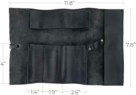 Hide & Drink, Rustic Pencil Roll Pouch, Multi-Purpose Storage Wrap for Scissors, Earphones, Organizer for Craft, Full Grain Leather, Handmade, Charcoal Black