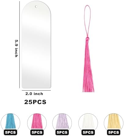 Acrylic Bookmarks Blanks Bulk 50PCS Semicircle Clear Bookmark Plastic Blank 25 Sets with 5 Color Tassels for Vinyl DIY Craft (5.9 * 2.0 inch)