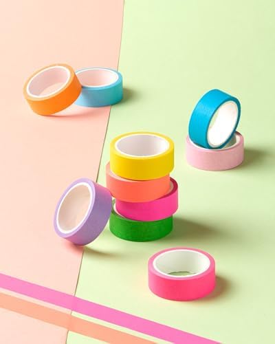 Colored Washi Tape Set 10 Rolls Fluorescent Solid Colors Decorative Masking Tapes for Arts, DIY Crafts, Journals, Planners, Scrapbook, Wrapping