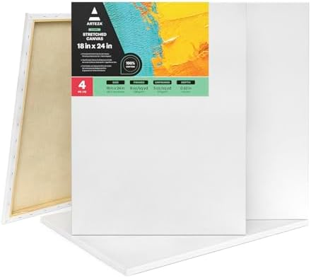 ARTEZA Classic Stretched Canvas for Painting, 18 x 24 in, Pack of 4, Pre-Primed White Canvases for Acrylic, Oil, Gouache, Tempera, and Mixed Media | 100% Cotton-Texture Surface, Wood Bars, White Finish, For Acrylic, Oil, Gouache, Tempera and Palette-Kn...