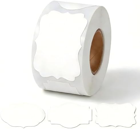 300 Pcs White Labels Stickers, 1.2x2 Inch, 3 Decorative Designs, Writable for Gift Wrapping, Pantry Storage, Jars & Wedding Decor