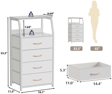 Furnulem Tall Nightstand with 4 Fabric Drawers, Small Dresser for Bedroom