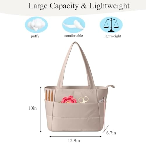 Crochet Bag for Yarn Storage, Puffer Knitting Bag with Soft Handles, Lightweight Yarn Storage Organizer with Zipper for Crochet Accessories, Gifts for Crocheters (Brown)