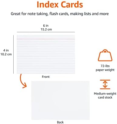 Amazon Basics Ruled Lined Index Cards for Notes, Studying, Flash Cards, White, 4" x 6", 100 Count (Pack of 60)