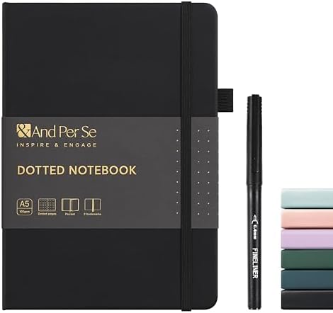 &And Per Se Dotted Notebook with Pen, A5 Hardcover Dotted Journal, 160 Pages 100GSM Thick Paper Dot Grid Journal with Fineliner Pen (Black)