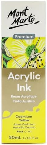 Mont Marte Acrylic Ink Premium 50ml - Cadmium Yellow, Acrylic Inks for Artists, Fluoro Colors, Ideal for Air Brush, Pouring Art, Scrapbooking, Ink Drawing, Mixed Media