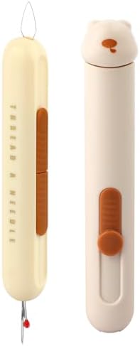 Automatic Needle Threaders Seam Ripper, Upgraded 3 in 1 Sewing Needle Threader Tool, 2Pcs Stretchable Quick Seam Rippers with Needle Storage for Hand Quilling, Embroidery Stitch Removal(Yellow)