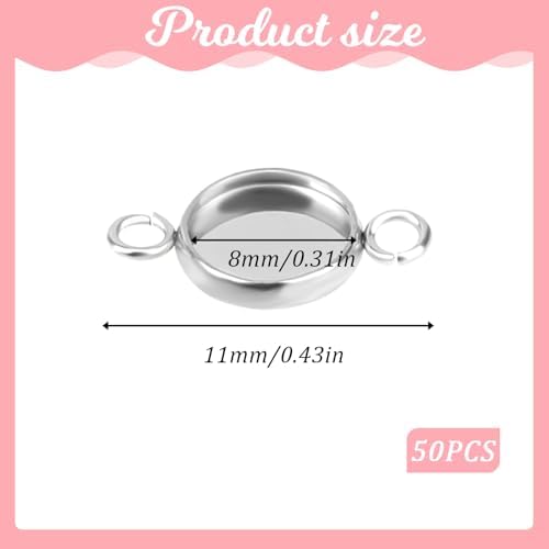 Mozeat Lens 50pcs Stainless Steel Round Blank Bezel Pendant Bezel Tray Connectors Base Cabochon Settings Trays Pendant Blanks Links with Double Loops Bracelet Making Tray for Jewelry Making DIY Craft