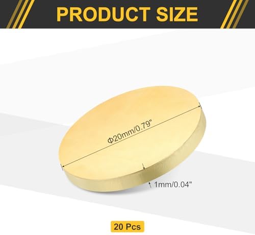uxcell 20Pcs Brass Round Plate, 0.04"(1mm) Thick 0.8"(20mm) Dia H65 Brass Round Disc Blank Metal Sheet Copper Circle Disc for Metal Stamping DIY Crafts