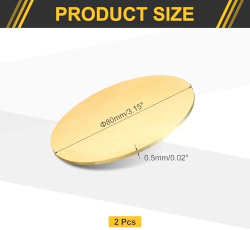 uxcell 2Pcs Brass Round Plate, 0.02"(0.5mm) Thick 3.15"(80mm) Dia H65 Brass Round Disc Blank Metal Sheet Copper Circle Disc for Metal Stamping DIY Crafts