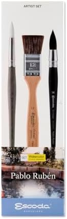 Escoda | Watercolour | Artist Set Pablo Rubén | Size 12,14,14 | 3 Brushes | Synthetic White Toray + Tendo | Round Pointed + Round mop + mottler
