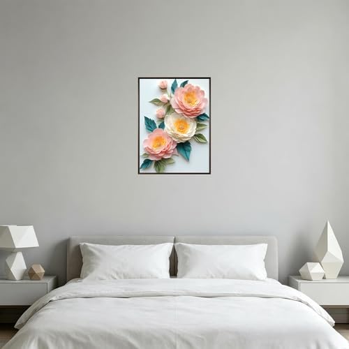 USZDL Peony Flowers Diamond Art Kits for Adults,DIY Round Full Drill 5D Diamond Painting Kits for Beginners,Pink Floral Diamond Dots Paintings Picture Gem Art Kits for Adults,Home Wall Decor 12X16 in