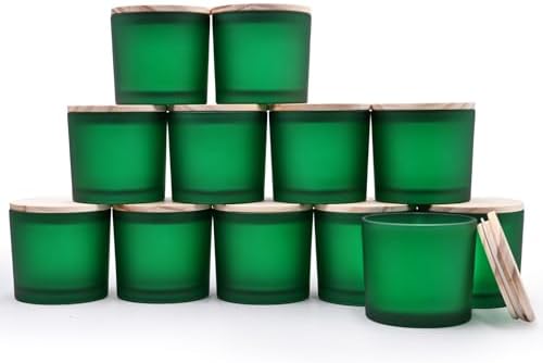 SHOWIN 12 OZ Thick Candle Jars for Making Candles 12 Pcs, Empty Jars with Wood Lids for Spice Jars, Sample Container, Frosted Green