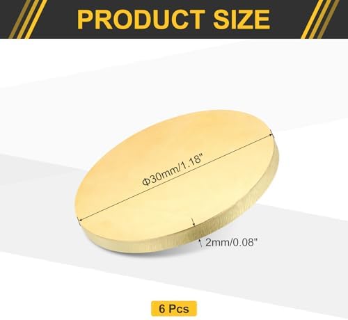 uxcell 6Pcs Brass Round Plate, 0.08"(2mm) Thick 1.2"(30mm) Dia H65 Brass Round Disc Blank Metal Sheet Copper Circle Disc for Metal Stamping DIY Crafts