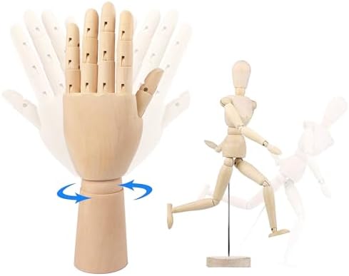 2-Pack 12" Drawing Hand Model,8" Artist Wooden Mannequin Figure Human People Dolls Manikin Supplies Stop Motion Figure Kit,Art Wooden Tools Posable Figure for Drawing,Painting,Sketching