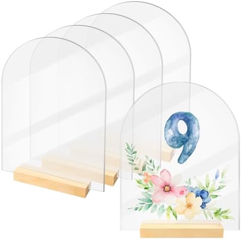 Bercoor 5 Pack 8x10 Inch Blank Clear Arch Acrylic Sign with Wooden Stands, Arched Round Top Acrylic Sheet, Arch Table Numbers for DIY Name Card Gifts Event Party Sign Decoration