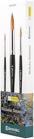 Escoda Signature Series Artist Watercolor Brush Set, Nicholas Simmons Set #1, Barroco Synthetic Gold Toray, Size (Round(8, 12, 20