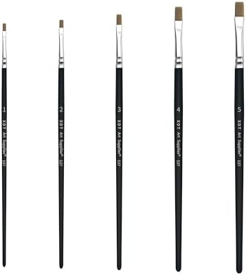 XDT#537 Flat Artist Paint Brush 5 Piece Set Medium Stiff Nylon Hair Extra Short Handle #1#2#3#4#5, Acrylic Oil Watercolor