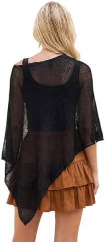 Womens Sheer Poncho Tops Lightweight Knitted Shrug Crochet Mesh Cover Up Summer Beach Shawl