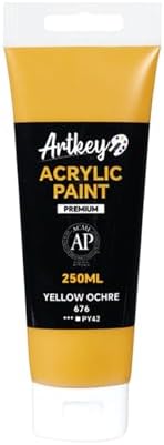 Artkey Acrylic Paint - Yellow Ochre (250 ml/8.45 oz) Tubes, Rich & Vibrant Pigments, Professional Artists Acrylic Paints - Art Supplies for Canvas Wood Rock Clay Fabric Ceramics Art Crafts Painting