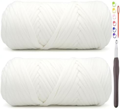 2 Pack Tshirt Yarn for Crocheting,White T Shirt Chunky Elastic Fabric Thick T-Shirt Crochet Yarn for Beginners Crocheting Hand Knitting Bag/Basket/Coasters/DIY Crafts/Home Decor 2 * 200G(White