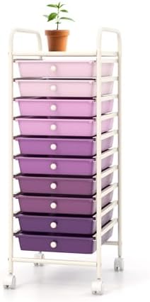 Storage Cart, Rolling Utility Cart with 10 Drawers, Portable Handles & Lockable Wheels, Mobile Paper Toys Storage Organizer Large Capacity for Home Office School Teacher (Purple Gradient)