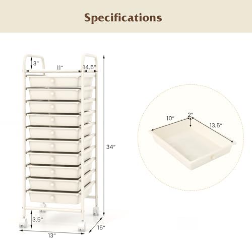 Storage Cart, Rolling Utility Cart with 10 Drawers, Portable Handles & Lockable Wheels, Mobile Paper Toys Storage Organizer Large Capacity for Home Office School Teacher (White)