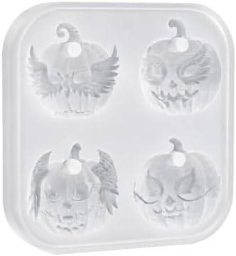 Gothic Wing Jack O Lantern Silicone Resin Mold with Pre-Made Hanging Hole, 4 Cavity Faceted Pumpkin Pendant Epoxy Mold, DIY Jewelry Charm Casting Supplies for Halloween & Christmas Crafts (NG01)