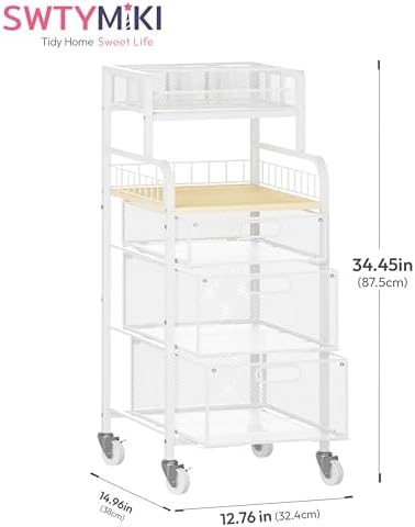 SWTYMIKI Rolling Cart with Drawers - Metal Craft Cart with Wheels, DIY Divider and Wood Shelf, Art Supply Organizer Craft Organizer and Storage, Utility Storage Cart for Home Office Studio, White
