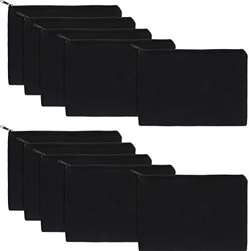 Gejoy 10 Pack Blank Canvas Cosmetic Bags Zipper Pouch DIY,L,Black