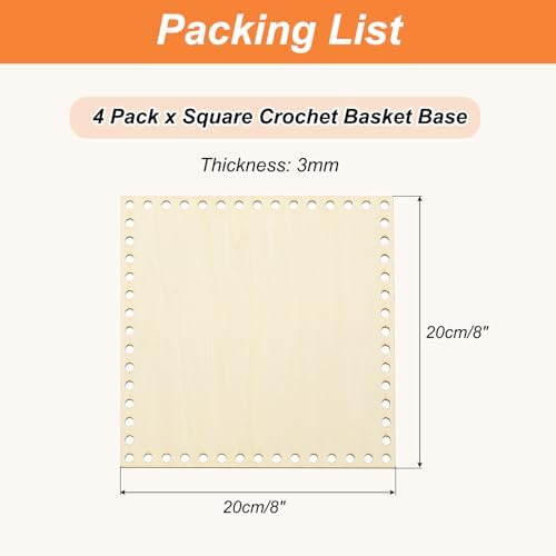 PATIKIL 8 x 8 Inch Crochet Basket Base, 4 Pcs Basket Bottoms Square Wood Base Shaper Bag Making Supplies Weaving Knitting Kit for Crochet Shoulder Bag Handbag Purse Craft
