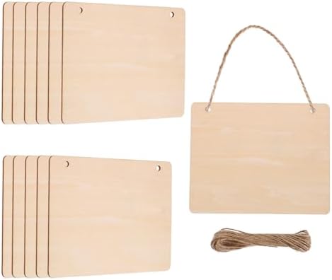 MECCANIXITY Unfinished Hanging Wood Sign Blank with Ropes 6"x5" Unfinished Wood Crafts Boards Wooden Plaques for Crafts DIY Painting Burning Carving Door Wall Decoration, Style 6, Pack of 12