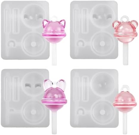 3D Cartoon Animal Lollipop Shaker Silicone Molds,4 Pack Cute Bear Cat Candy Resin Casting Mold with Hanging Hole, Keychain Pendant Jewelry Making Tool for Epoxy UV Resin Art