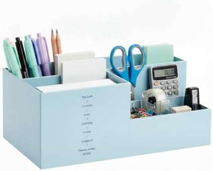 Jekelife Desk Organizer,3 Compartment Desktop Organizer, Multi-Functional Stationery Pen Holder for Office Supplies Blue