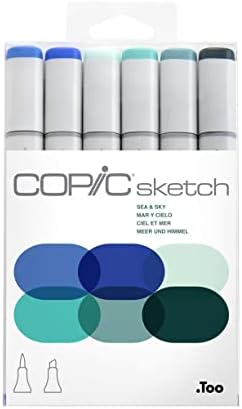 Copic Sketch Alcohol Markers, 6 Color Dual Tip Art Marker Set – Blendable Brush Tips for Drawing, Sketching, and Illustration – Professional Set for Adults/Teen Artists & Creators - Sea & Sky