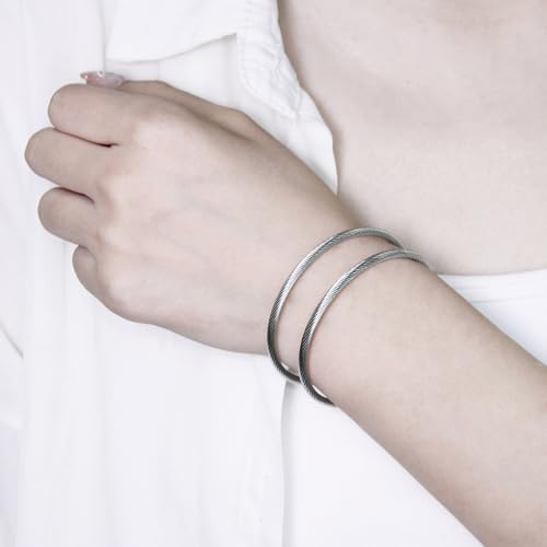 Exway 10 Pcs Elastic charm Bracelet chain Stainless Steel Cable Wire Twisted Cuff Bangle Bracelet Sliver charm Bracelets Kit for Crafts DIY Women Jewelry Making