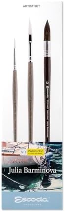 Escoda | Watercolour | Artist Set Julia Barminova | Size 6,1/4,12 | 3 Brushes | Synthetic White Toray + Tendo | Round Pointed + Dagger Striper + Round mop