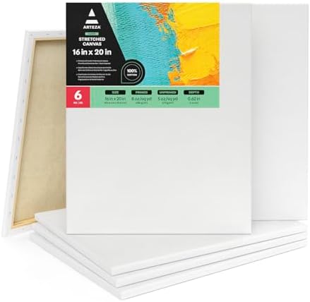 ARTEZA Stretched Canvas for Painting, 16 x 20 in, Pack of 6, Pre-Primed White Canvases for Acrylic, Oil, Gouache, Tempera, and Mixed Media | 100% Cotton Surface, 0.62 in Profile, Pinewood Bars, Acid-Free Acrylic Titanium Gesso, For Acrylic, Oil, Gouach...