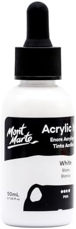 Mont Marte Acrylic Ink Premium 50ml - White, Acrylic Inks for Artists, Fluoro Colors, Ideal for Air Brush, Pouring Art, Scrapbooking, Ink Drawing, Mixed Media