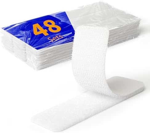 48 Sets 1 x 4 inch Adhesive Hook and Loop Fastener Strips, Heavy Duty, Strong Back Adhesive, Double-Sided Hook and Loop for School, Classroom, Office, and Home Use, White