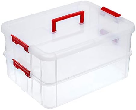 BTSKY 2 Layer Stack & Carry Box, Plastic Multipurpose Portable Storage Container Box Handled Organizer Storage Box for Organizing Stationery, Sewing, Art Craft, Jewelry and Beauty Supplies(Red)