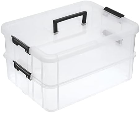 BTSKY 2 Layer Stack & Carry Box, Plastic Multipurpose Portable Storage Container Box Handled Organizer Storage Box for Organizing Stationery, Sewing, Art Craft, Jewelry and Beauty Supplies Black