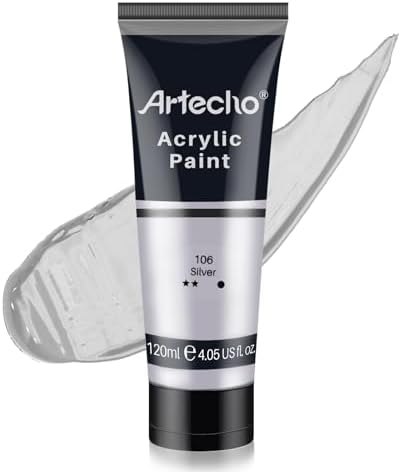 Artecho Silver Acrylic Paint, Silver Paint (120ml / 4.05oz) Tubes, Art Craft Paints for Canvas, Rock, Stone, Wood, Fabric, Art Supplies | Semi Glossy Finish, High Pigment Rich Color Craft Paint for Canvas, Rocks, Wood, Fabric, Ceramic, Non-Toxic