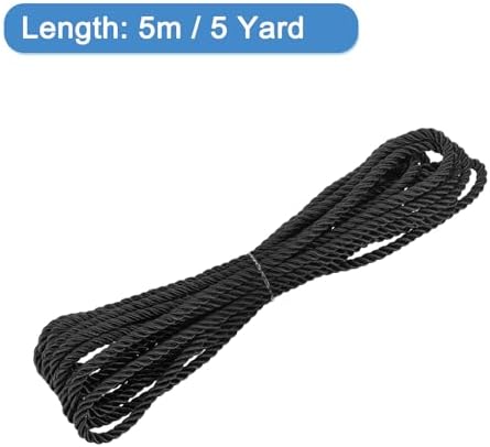 MECCANIXITY Twisted Cord Trim, 5 Yard 5mm 3-Ply Twine Braided Rope Shiny Thread String for Craft Gift Bag Curtain Christmas Decor, Black - 5m