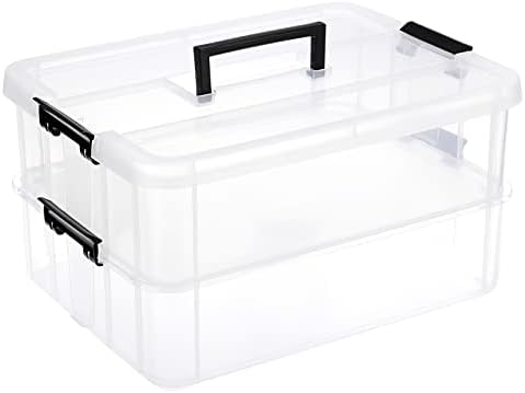 JUXYES 2-Tiers Plastic Stack Carry Storage Containers Box wih Handle Lids